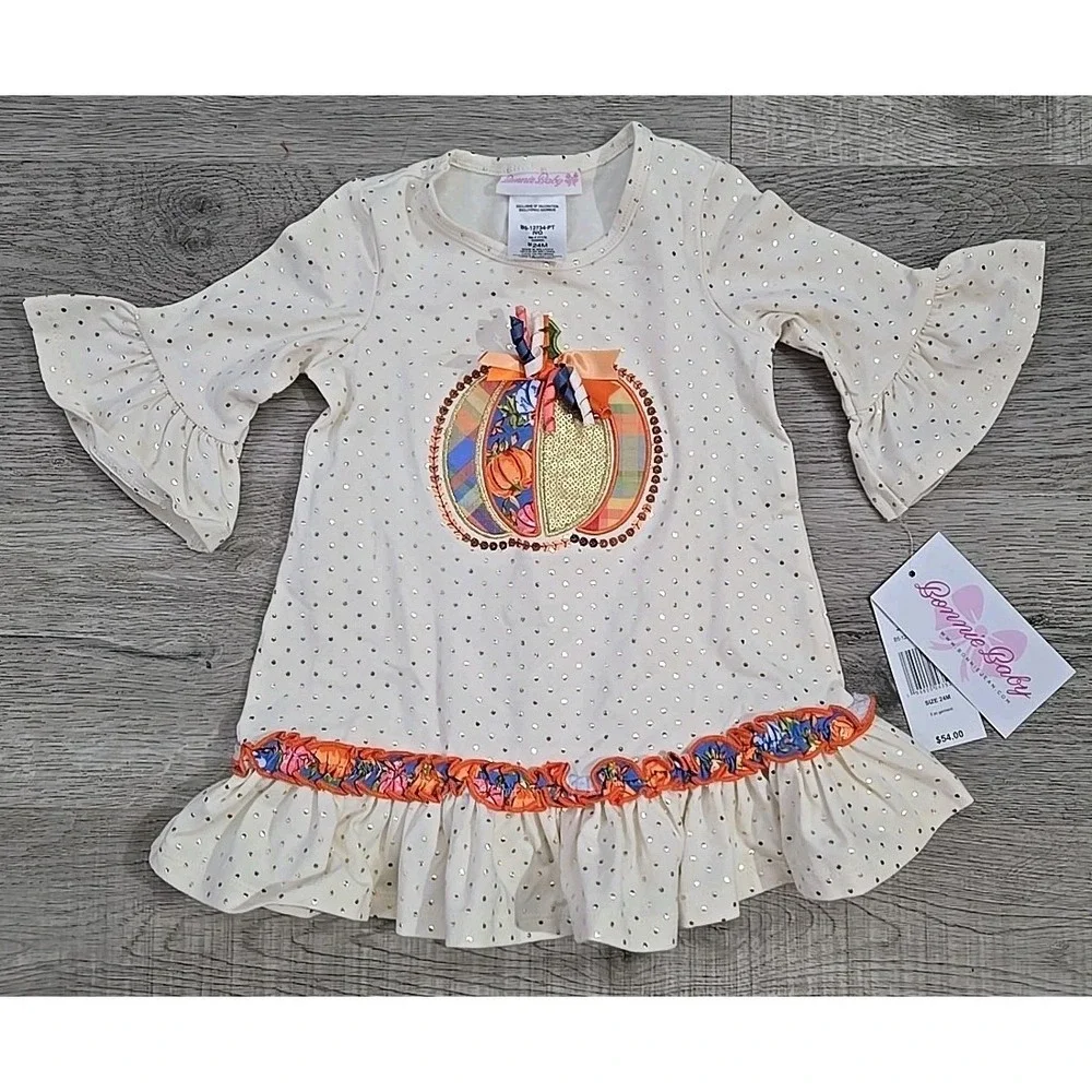 Bonnie Jean Baby Girls 24M Gold‎ Polka Dot Print Thanksgiving Pumpkin Top NWT